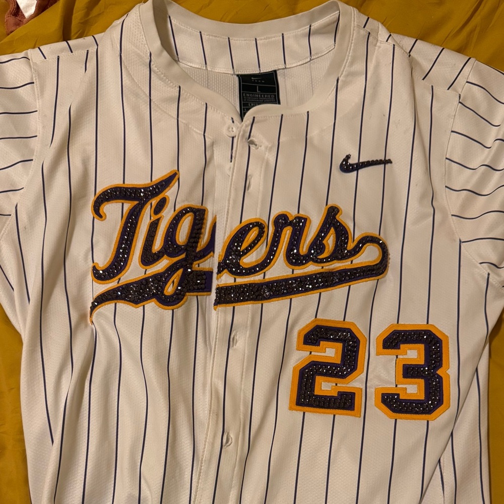Nike White and Purple rhinestone LSU Pinstripe Jersey